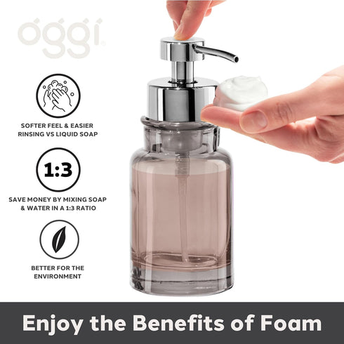 OGGI Glass Foaming Soap Dispenser, 10oz Capacity, Stylish Refillable for Bathroom and Kitchen in Gray/Chrome