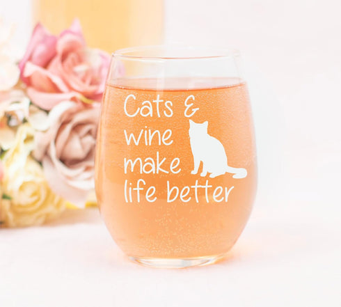 Cats and Wine Make Life Better Stemless Wine Glass - 17 oz - Funny Gift for Cat Lovers