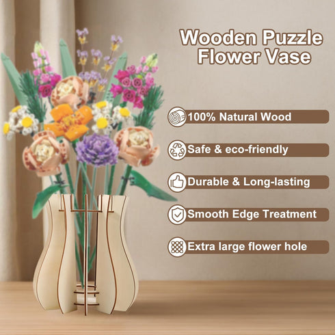 Yeconire Set Set, Wooden Vase for Lego Flowers, Vase Building for Roses, Wood Puzzle Vase for Lego Flower Bouquet