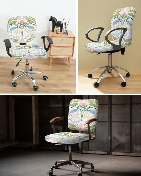 Green Blue Pink Floral Office Chair Cover, Stretchable Computer Chair Seat Cover, Backrest Slipcovers, Rustic Ethnic