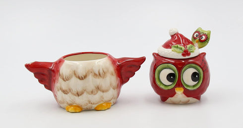 Owl Sugar and Creamer, 5 3/4 X 2 7/8 X 5 3/8"H, Red, White, Black, Green