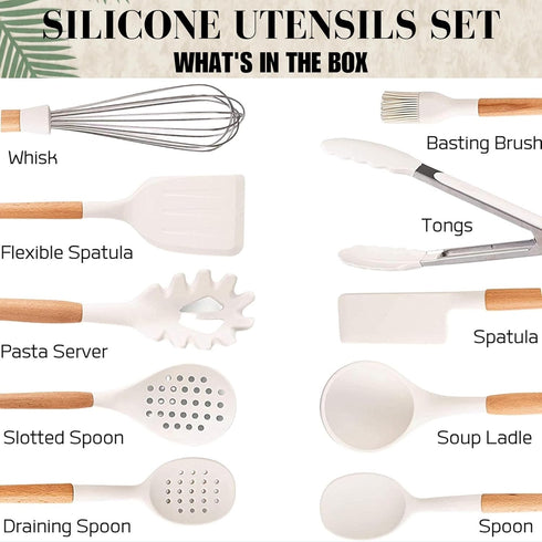 Silicone Kitchen Utensils Set with Holder – 11 Pcs wooden Cooking Utensils Set Kitchen Gadgets - Heat Resistant Utensil Sets for Cookware & Baking Home Kitchen Accessories (BPA Free) - White by FIVE14