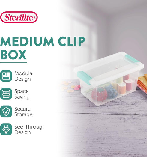 Sterilite Medium Clip Box, 4-Pack Stackable Small Storage Bin with Latching Lid, Clear Plastic Container for Office,