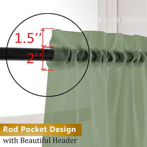 Sage Green Sheer Curtains, 36 inches Long, 2 Panels, Solid Cafe Curtains for Bathroom or Kitchen