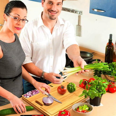 Large Bamboo Cutting Board with Built-In 3 Compartments and Juice Grooves, 17 x 12.6" Charcuterie Board for Kitchen