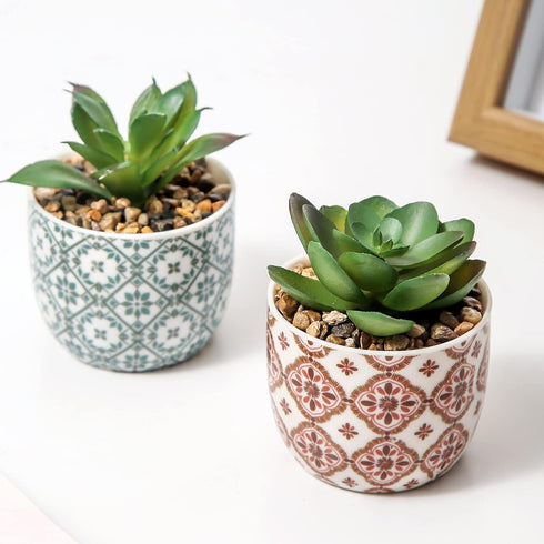 Artificial Plants Succulent Flowers in Ceramic Planter, 2 Pack Small Fake Plants for Home Office Desk Decor