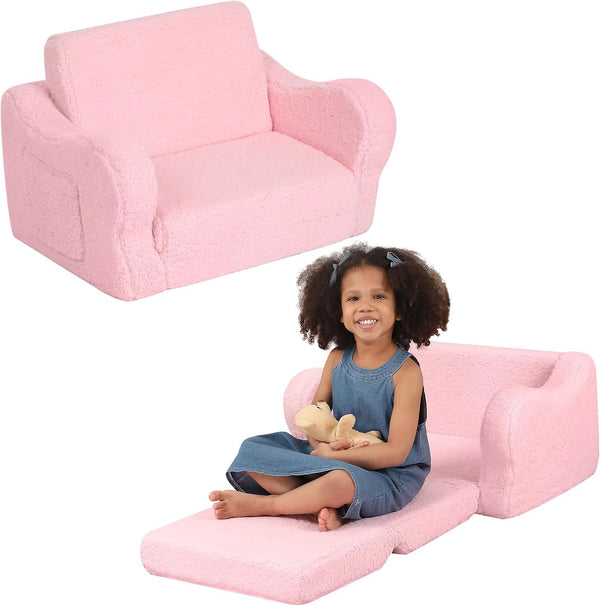 Comfy Toddler Chair, 2-in-1 Toddler Couch Fold Out, Convertible Sherpa Sofa to