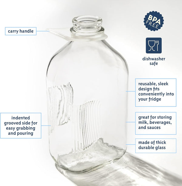 64 oz 2 Pack kitchentoolz Glass Milk Bottles with Pour Spouts and Tamper-Proof Caps Half Gallon Containers Made in USA