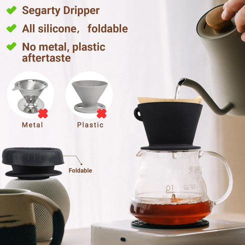 Segarty Silicone Pour Over Coffee Dripper, Black Collapsible Single Cup Coffee Maker with Storage Pouch