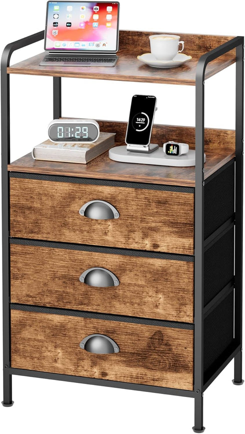YEYSHAOM Night Stand with 3 Fabric Drawer and Sturdy Metal Frame, Modern Side