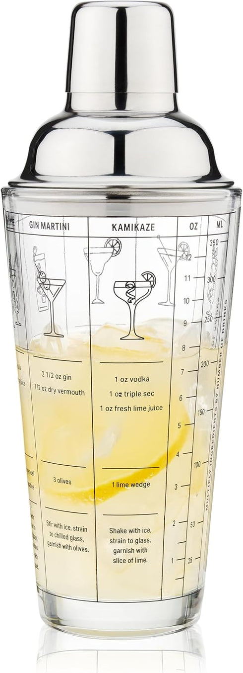 True Glass Cocktail Shaker, 13.5 oz with 7 Classic Recipes and Measurements for Home Bar Accessories