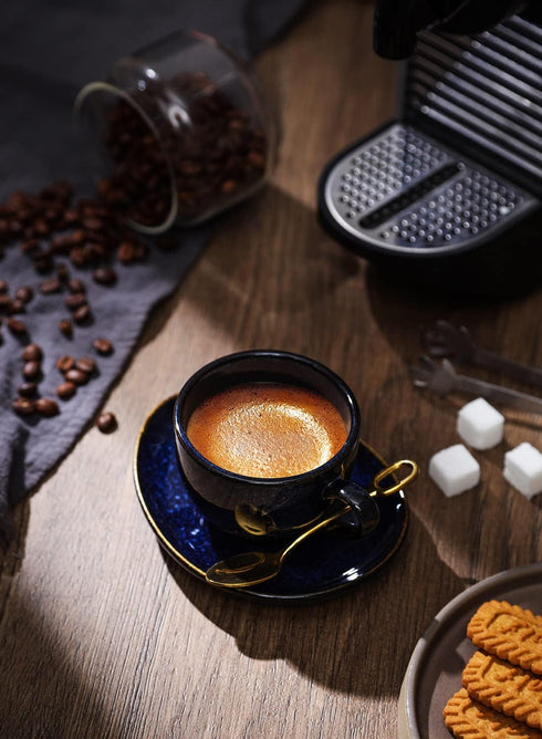 Set 4 oz Set 6 vicrays Ceramic Espresso Coffee Cups Porcelain Espresso Cups with Saucers Spoons and Metal Stand for Tea