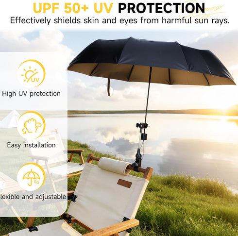 Tarswesi 360 50+ 100cm/39.4in Chair Umbrella with Universal Clamp, Double Canopy Sunshade, Adjustable Swivel, UPF UV