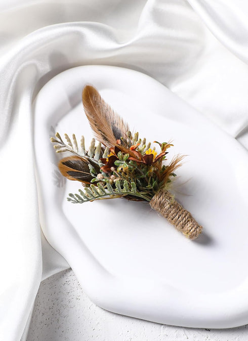 Boho Feather Boutonniere for Men, Handmade Brown Boutonniere for Wedding, Rustic Corsage for Groomsmen, Formal Dinner
