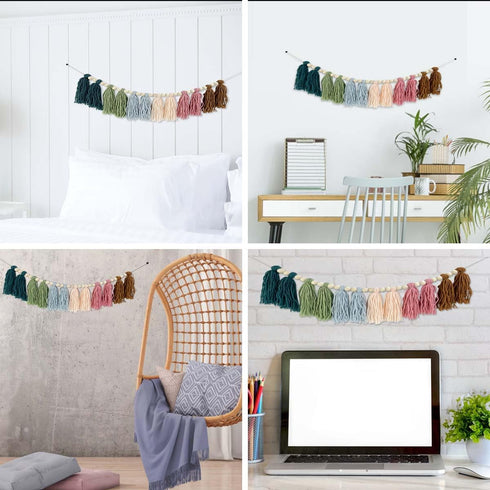 yuntop Rainbow Boho Tassel Wall Hanging with Wood Beads - Colorful Pastel Tassel Garland for Kids Room, Classroom