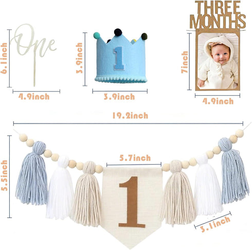 1st Baby First Birthday Party Decorations First Highchair Banner For Baby Boys Blue High Chair Banner Crown Cake Topper