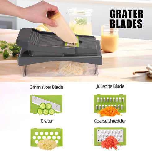 Vegetable Chopper, Cheese Slicer, Food Chopper, 10 in 1 Veggie Chopper with Container, Gray