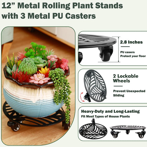1 Pack 12 inches 3 Large Metal Plant Caddy with PU Metal Wheels Rolling Plant Stand with Casters Indoor Outdoor Wheeled