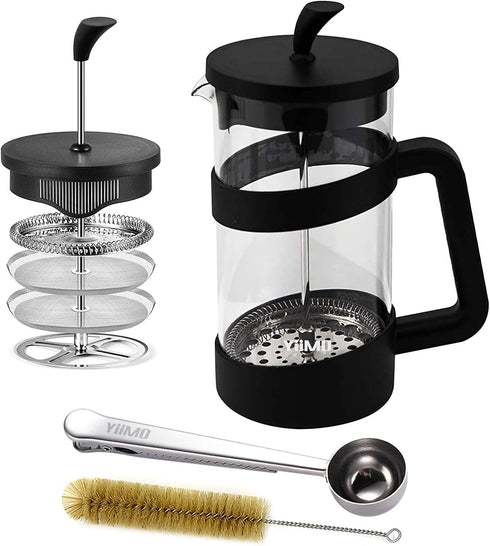 French Press Coffee Maker, 34 Oz Large Glass Pitcher, 4 Level Filter System, Stainless Coffee Spoon & Cleaner Brush