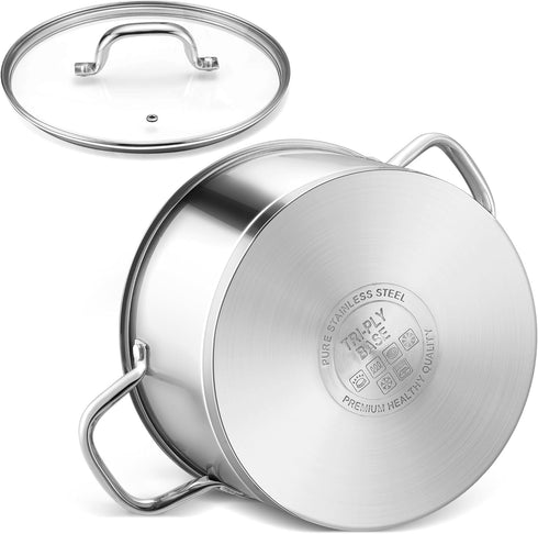 LIANYU 6 QT Stainless Steel Stock Pot, Tri-ply Base Cooking Pot with Glass Lid, Heavy Duty Non-toxic Cookware