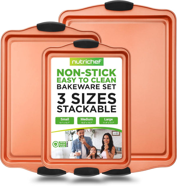 NutriChef 3 Piece Baking Pan Set, PFOA Free Flexible Nonstick Carbon Steel Bakeware with Black Silicone Handles