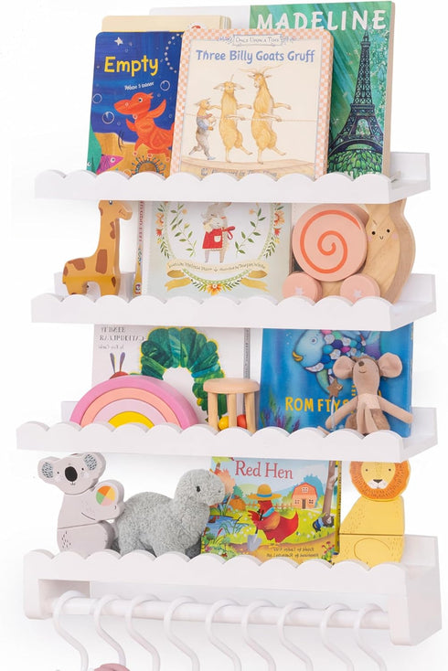 Hommli Nursery Book Shelves, Scalloped Shelves, 4-Pack White Set with 1 Hanging Rod