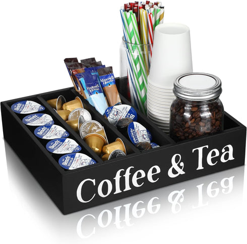 Soaoo Coffee Station Organizer with 4 Removable Dividers, Wooden Adjustable Coffee Pod Holder for Home Office Kitchen