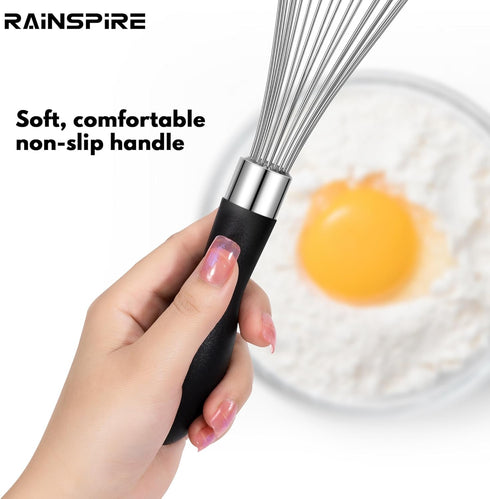 12-Inch Stainless Steel Wire Whisk, Balloon Whisks for Cooking, Black Wisking Tool with Soft Silicone Handle