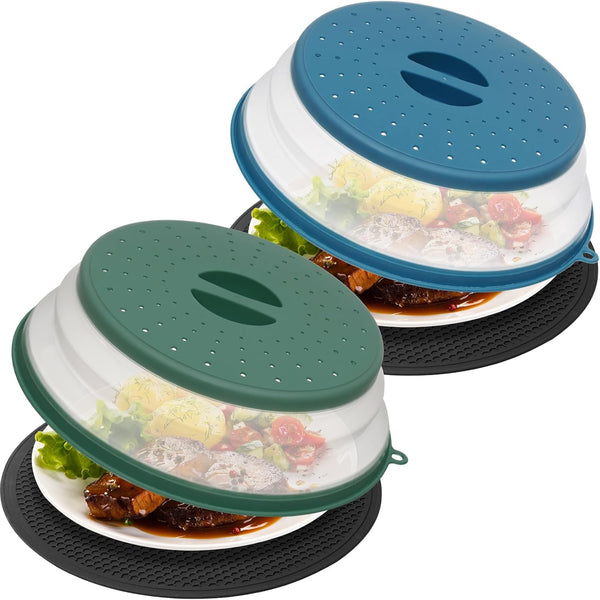WENWELL 4 in 1 Vented Collapsible Microwave Splatter Cover & Mat, Kitchen Dish Bowl Plate Lid, BPA-Free