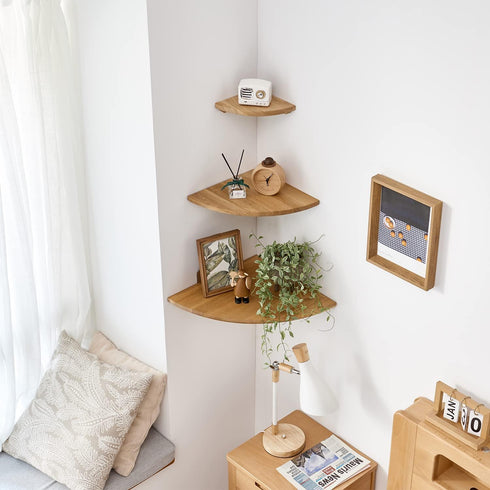 7inch Corner Shelf Wall Mount, Oak Wood Floating Corner Shelf Round End Small Corner Nightstand Plant Shelf Wall Mount