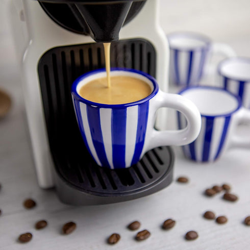 City to Cottage Handcrafted Navy Blue Stripe Ceramic Espresso Cups - Set of 4 for Espresso Machine