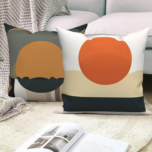 Boho Pillow Covers 18x18 Inch, Mid Century Abstract Sun Throw Pillow Covers, Terracotta and Yellow Linen, Set of 4