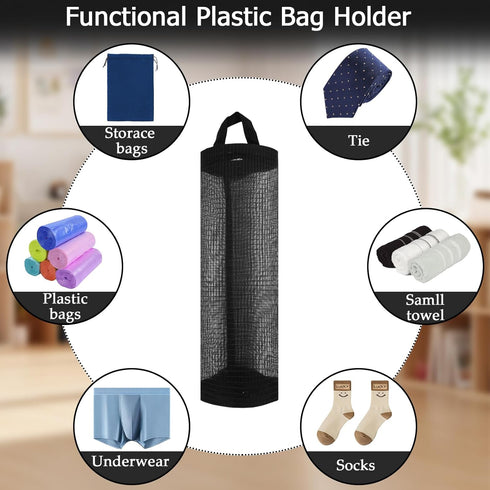 ZUFECY 1 Grocery Bag Holder, Breathable Mesh Bags Dispenser Organizer Trash Bags, Black Hanging Storage Dispensers - Pc