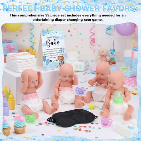 RoundFunny 33 Pcs Baby Shower Diaper Changing Game Supplies Including Dolls Blindfold Diapers Wooden Sign for Changing