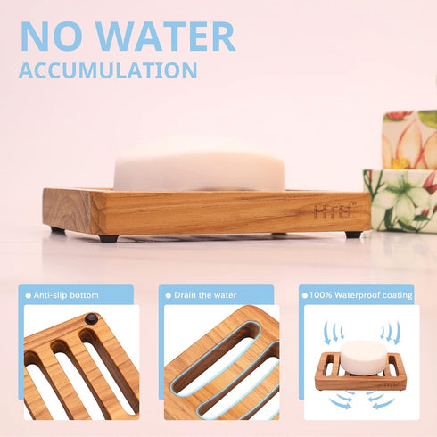 HTB Slotted Soap Dish 2 Pack Teak Wood, Self Draining Kitchen Sponge Holder for Shower, Sink, Bathroom
