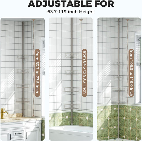 4 Holder,63.7-119 Inch Urackify Corner Shower Caddy Tension Pole, Tier Adjustable Bathroom Organizer Shelves, Shower