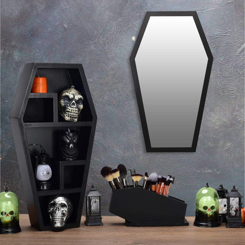 Coffin Brush Holder - Gothic Desk Organizer, Wooden Coffin Pen Holder for Bathroom, Living Room, Bedroom Decor (Black)