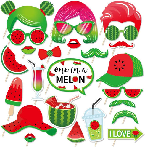 25Pcs Watermelon Photo Booth Props with Stick for Summer Fruits Theme Birthday Party Supplies & Photography Decorations