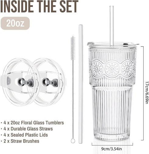 20oz Set 4 SoulTimes Ribbed & Floral Glass Tumbler of Reusable Glass Cups with Lid and Glass Straw, To-Go Iced Coffee