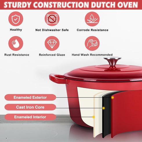 3qt TeamFar Dutch Oven, Small Enameled Cast Iron Dutch Oven Pot with Lid, For Bread Baking/Stewing/Braising/Frying