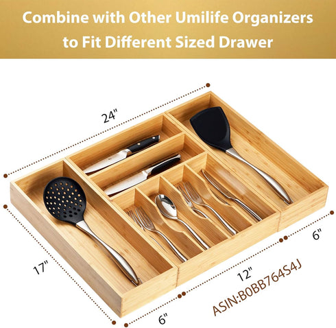 Umilife Bamboo Kitchen Utensils Organizer, Extra Long Flatware Cutlery Storage Box, Multi-Use Drawer Divider (Set of 2)
