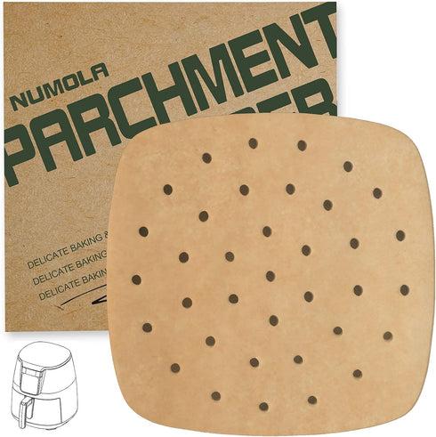 Numola 100 Pcs Air Fryer Liners Disposable Parchment Paper, 9 Inch Perforated Sheets for Baking, Non-Stick Steamer Liner