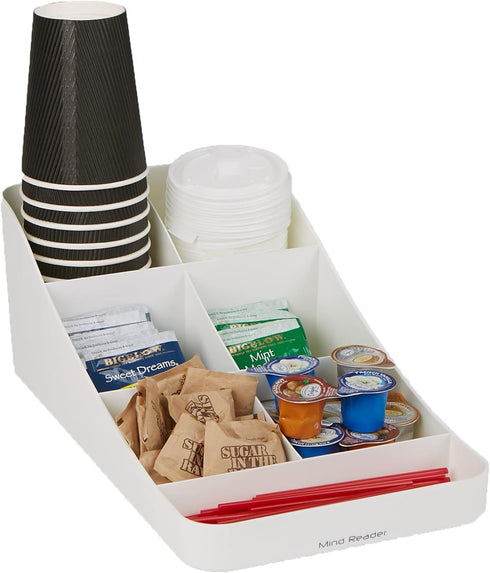Mind Reader Coffee Condiment Storage Organizer, 7 Compartment for Cups, Lids, Sugars, Stirrers, White