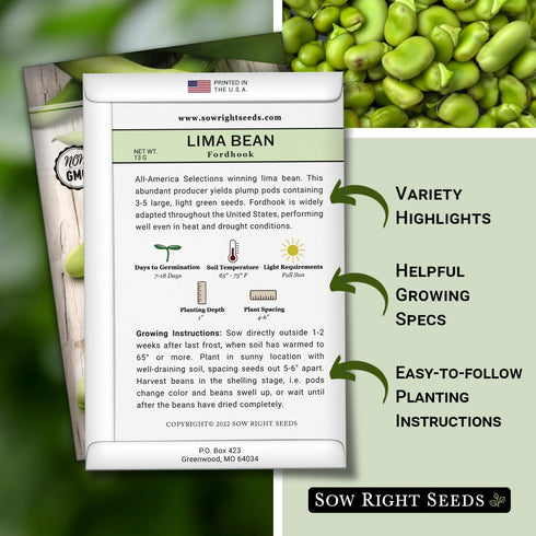 Packet Packed (1) Sow Right Seeds - Fordhook Lima Bush Bean Seeds for Planting - Non-GMO Heirloom with Instructions