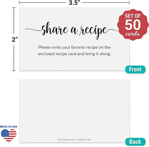 321Done Request a Recipe Card (Set of 50) 3.5x2 White, Simple - Little Recipe Request Insert Card for Bridal Shower Game, Keepsake, Heavy Cardstock, Matching Recipe Cards - Made in USA