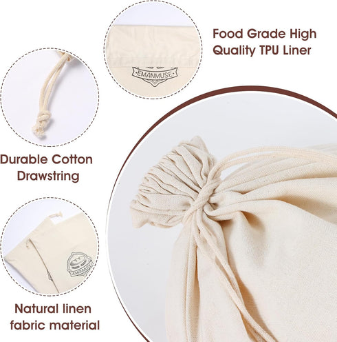 3-Pack 12x17.5 Inch Linen Bread Bags for Homemade Bread & Sourdough, Unbleached with TPU Lining - Reusable Washable