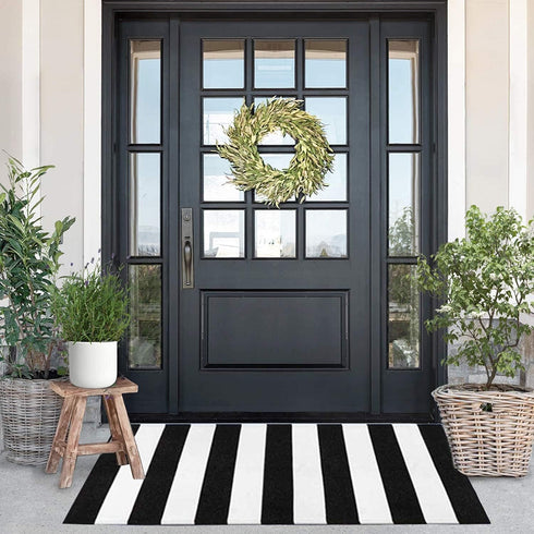 Black and White Striped Rug, 23.6 x 51.2 Inches Handmade Woven Indoor/Outdoor Doormat for Kitchen and Living Room