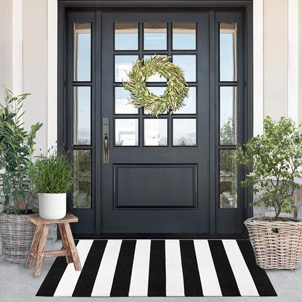 Black and White Striped Rug, 23.6 x 51.2 Inches Handmade Woven Indoor/Outdoor Doormat for Kitchen and Living Room