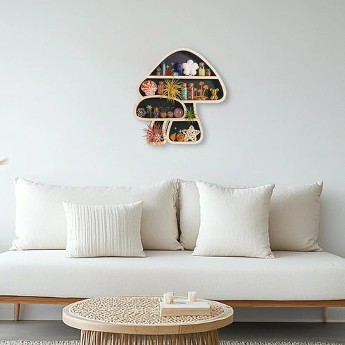 Cute Mushroom Decor, Wooden Floating Mushroom Shelf for Wall, Crystal Display Shelf Rock Gem Stone Display Shelf Wall