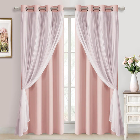 DWCN Layered Curtains Blackout and Sheer Curtains with Tiebacks Grommet Top Window